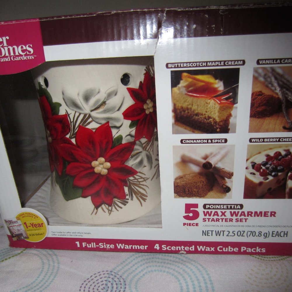 VTG-BETTER HOMES & GARDENS 5-PIECE POINSETTIA WAX WARMER STARTER SET